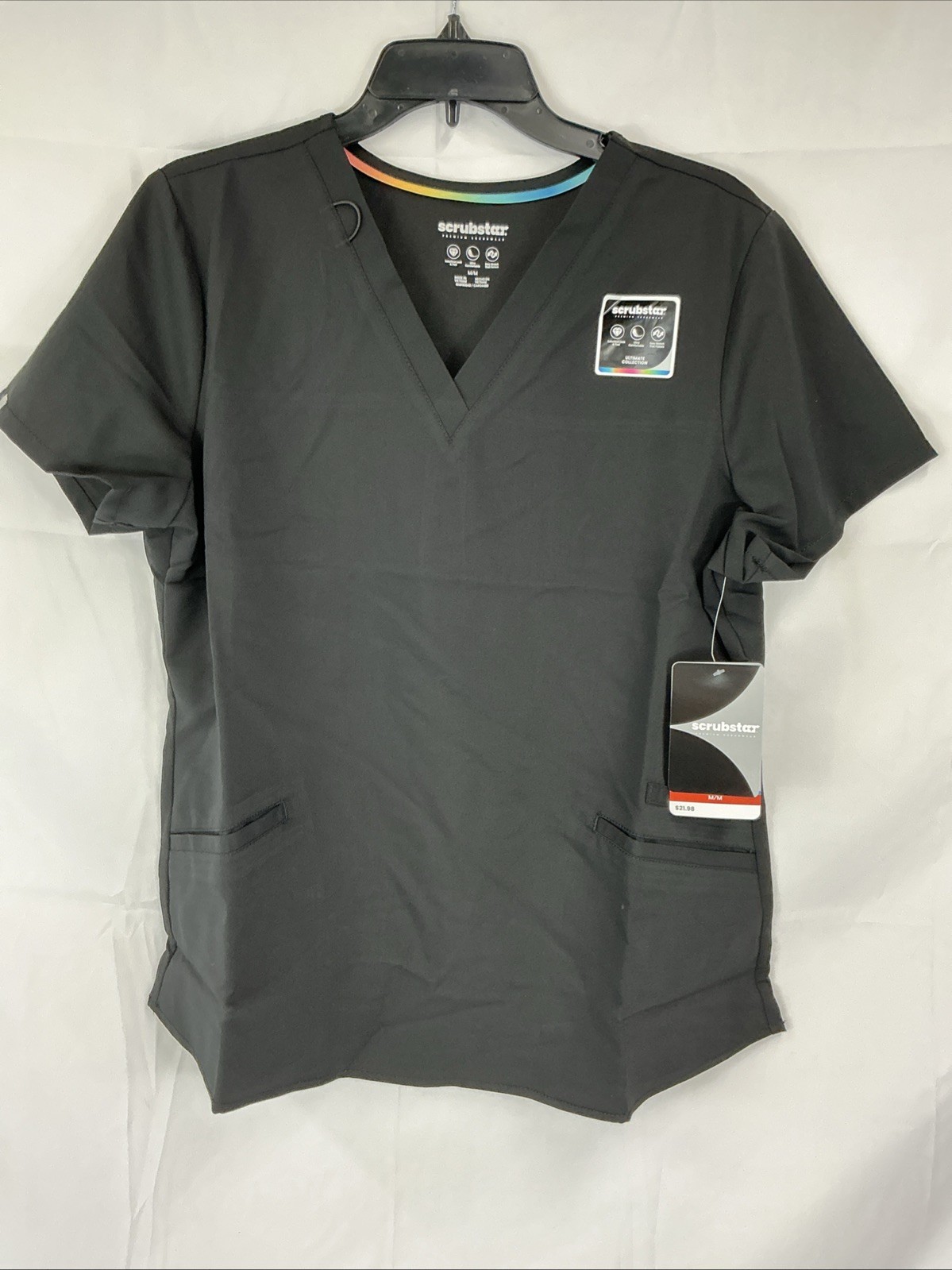NWT Scrubstar Ultimate V-Neck Women’s Medium Scrub Top Black Stretch 3 Pockets