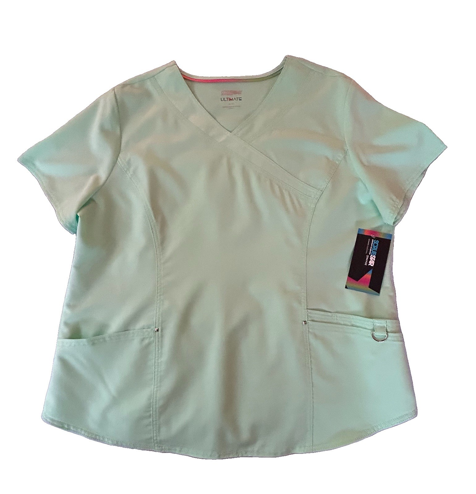NWT SCRUBSTAR Ultimate Mint Green Stretch Mock Wrap Scrub Top w/ Pockets, XL