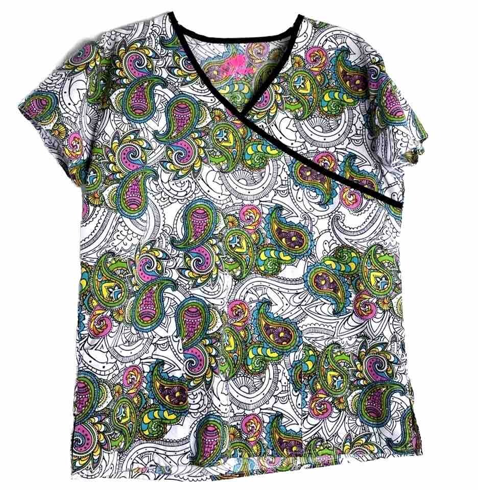 I LOVE SCRUBS MULTI COLOR DESIGN SCRUB TOP Neon Bright V Neck Pockets S