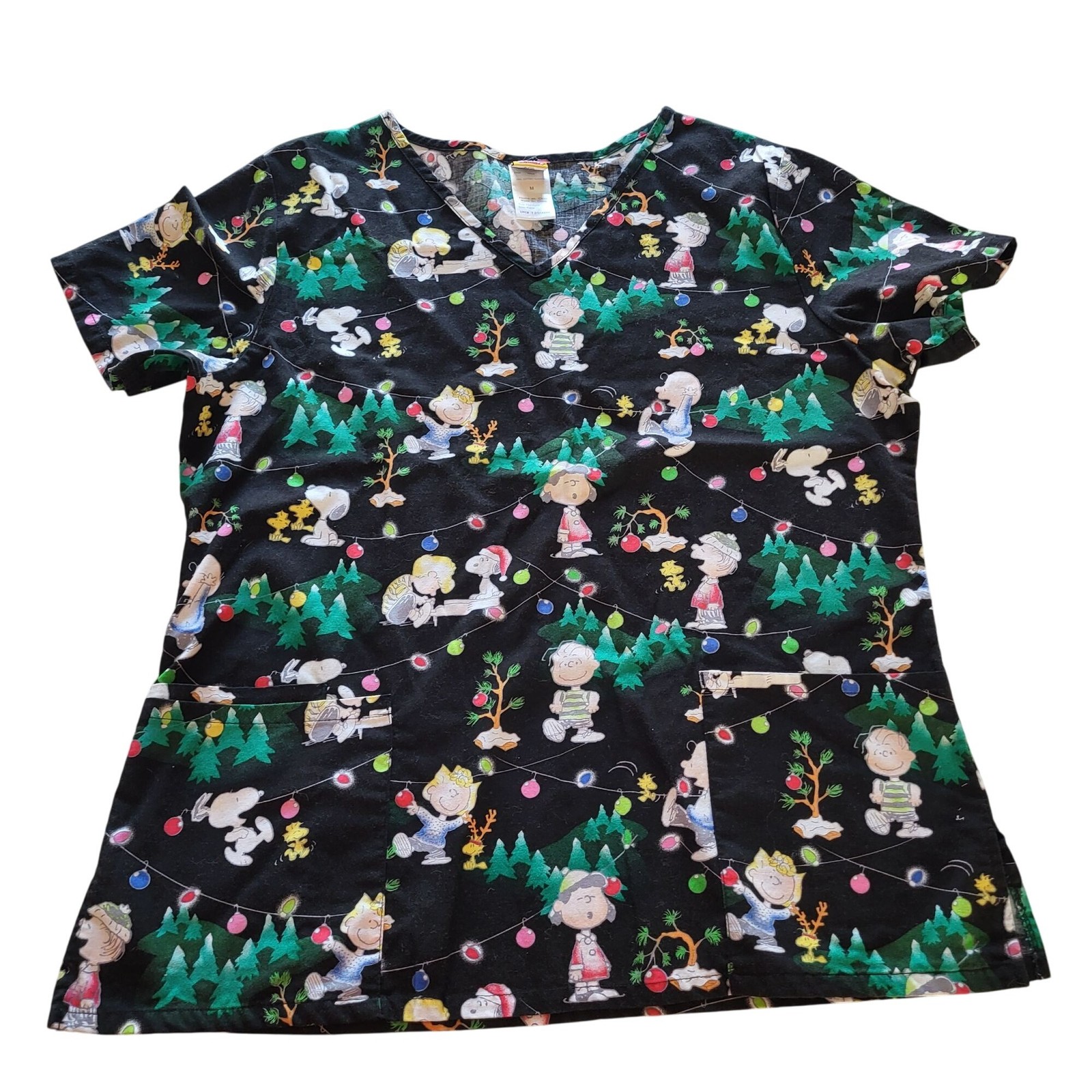 Peanuts Christmas Scrub Top M By Peanuts Worldwide LLC 100% Cotton Black