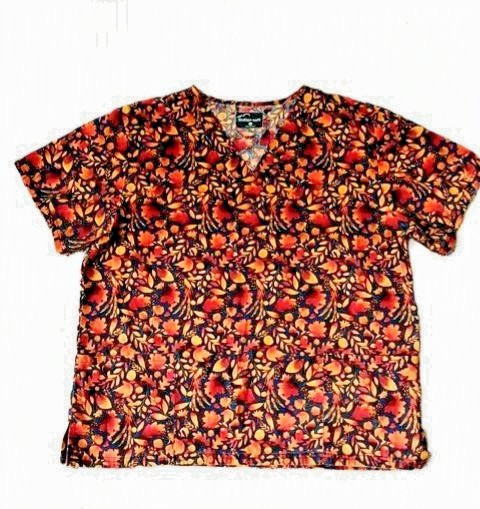 UA Butter-Soft woman’s scrub top, v-neck, SS, 2 pocket, size Large, fall print