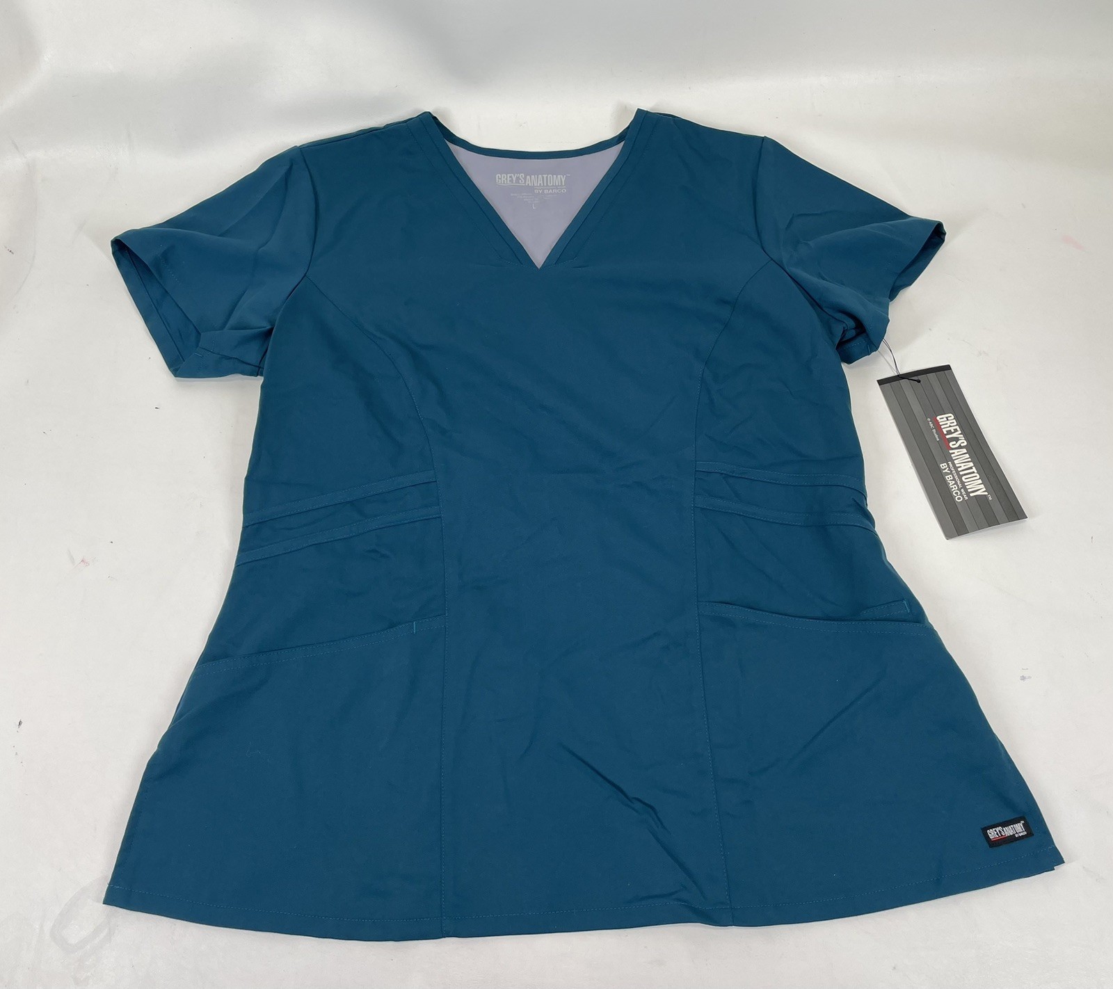 Greys Anatomy Barco Scrub 3PKT Stylized Princess V Neck Top Womens L Bahama NWT