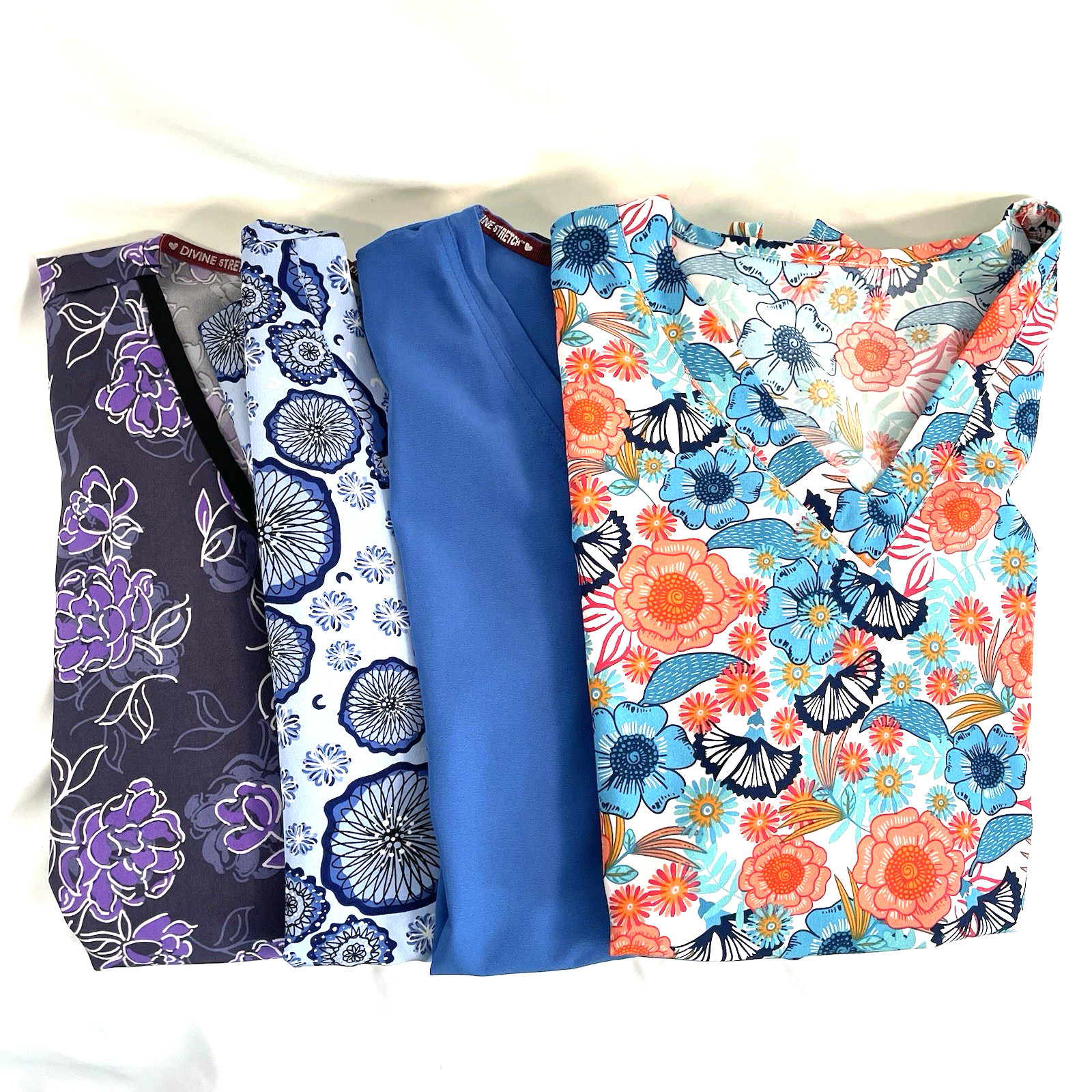 4 Divine Stretch* Scrub Top Large Multicolor Floral Solid Pockets Medical Dental