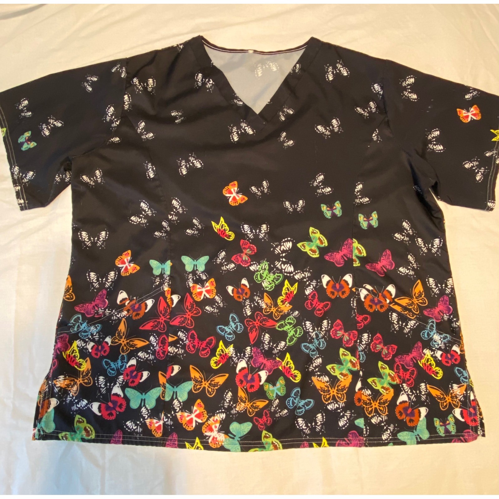 Butterfly Print V-Neck Scrub Top Black Rainbow Medical Uniform Women 4X