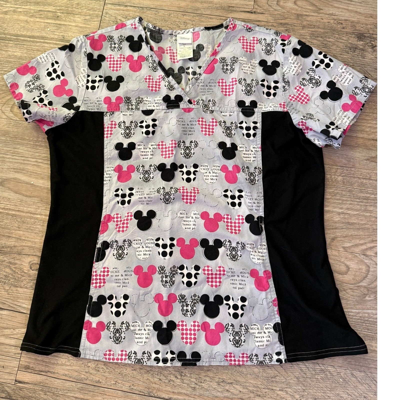 Disney Mickey Mouse Scrub Top Womens Large Pink Black White V-Neck Medical Vests